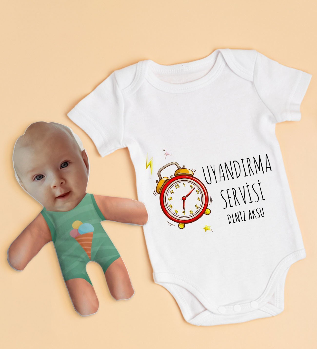 BK Kids Kişiye Özel Fotoğraflı Bebek Yastık ve Bebek Body Zıbın Hediye Seti - Model 53