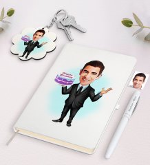 Kişiye Özel Erkek Doğum Günü Karikatürlü Beyaz Defter Kalem ve Anahtarlık Hediye Seti-1