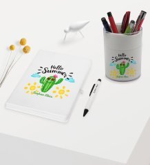 BK Gift Kişiye Özel Kaktüs Tasarımlı Beyaz Defter Kalem ve Kalemlik Hediye Seti - Model 8