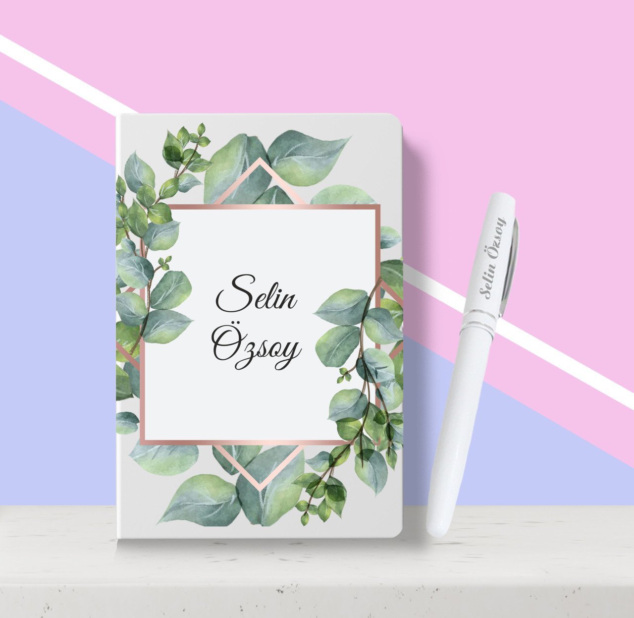 Kişiye Özel Çiçek Desenli Beyaz Defter Kalem Seti-11