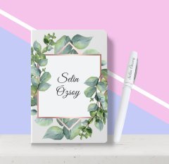 Kişiye Özel Çiçek Desenli Beyaz Defter Kalem Seti-11