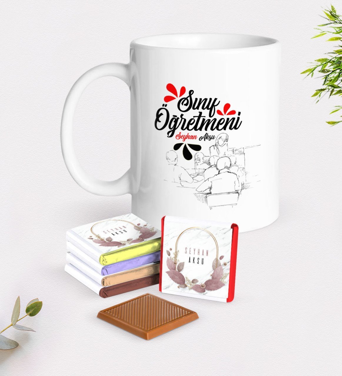 Kişiye Özel Sınıf Öğretmeni Beyaz Kupa ve Çikolata Hediye Seti-12