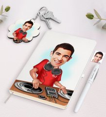 Kişiye Özel Erkek DJ Karikatürlü Beyaz Defter Kalem ve Anahtarlık Hediye Seti