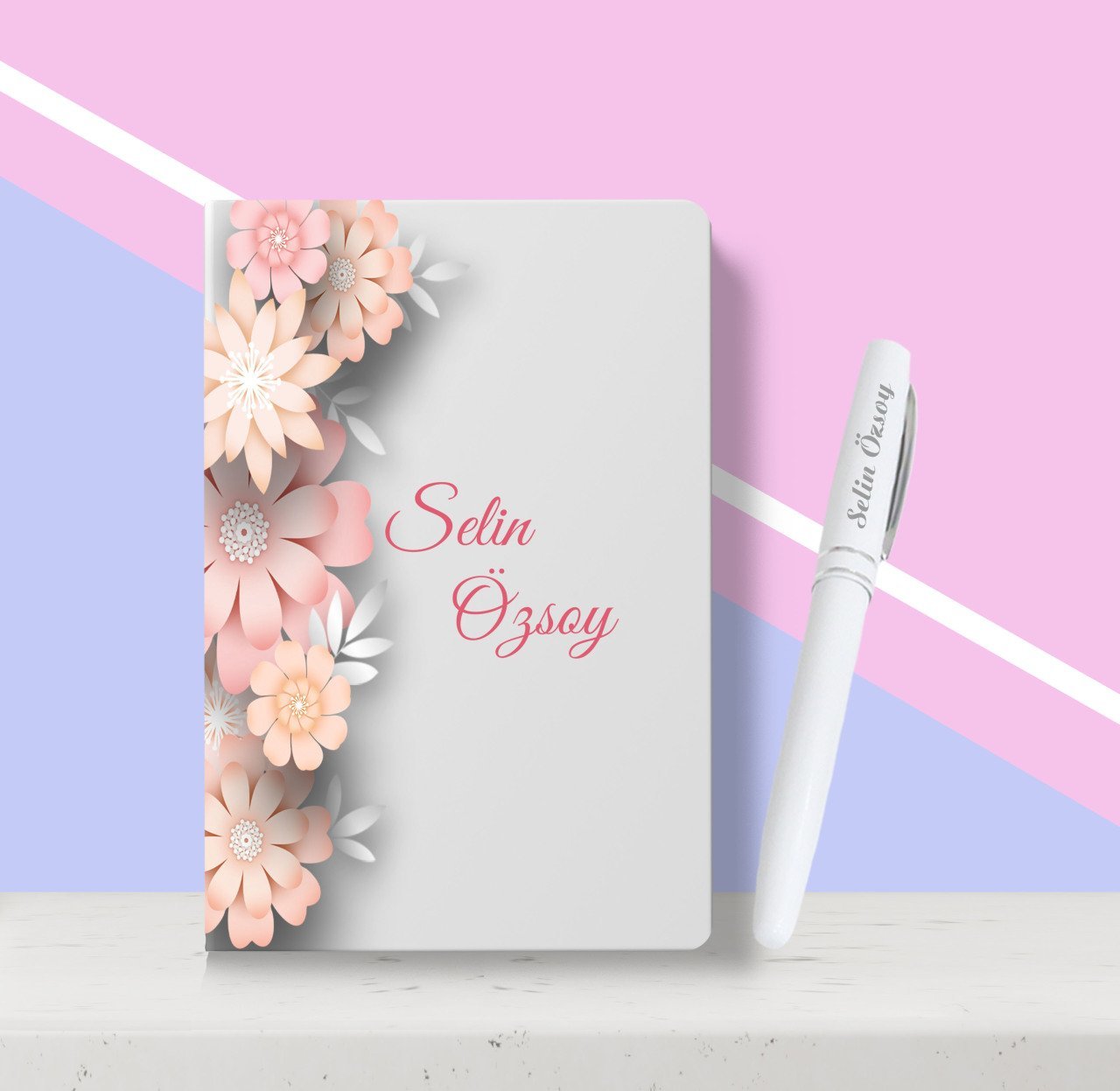 Kişiye Özel Çiçek Desenli Beyaz Defter Kalem Seti-10