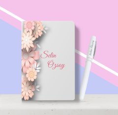 Kişiye Özel Çiçek Desenli Beyaz Defter Kalem Seti-10