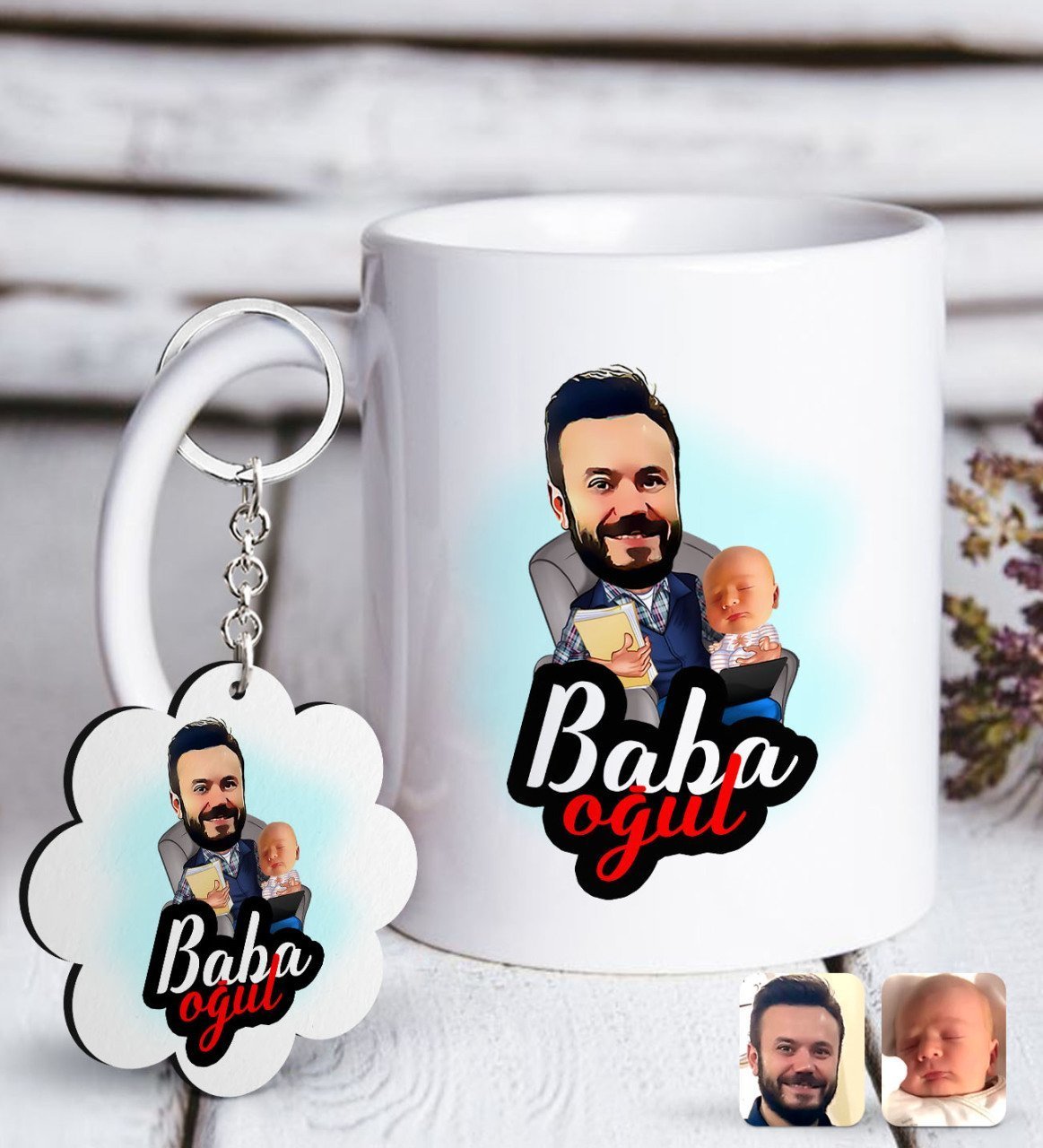 Kişiye Özel Baba Oğul Karikatürlü Beyaz Kupa ve Anahtarlık Hediye Seti-4