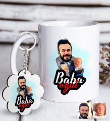 Kişiye Özel Baba Oğul Karikatürlü Beyaz Kupa ve Anahtarlık Hediye Seti-4