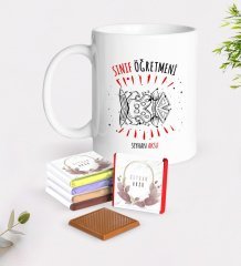 Kişiye Özel Sınıf Öğretmeni Beyaz Kupa ve Çikolata Hediye Seti-11