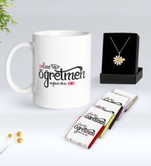 Kişiye Özel Online Öğretmen Beyaz Kupa Çikolata ve İsimli Papatya Kolye Hediye Seti-1