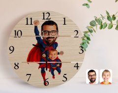 Kişiye Özel Süper Baba ve Çocuk Karikatürlü Otantik Ahşap Palet Saat-1