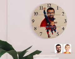 Kişiye Özel Süper Baba ve Çocuk Karikatürlü Otantik Ahşap Palet Saat-1