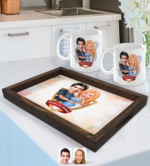 Kişiye Özel İsimli Sevgililer Karikatürlü Doğal Ahşap Tepsi ve 2’li Kupa Bardak Seti-14