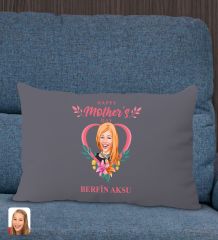 BK Gift Kişiye Özel Anneler Günü Karikatürlü Premium Kumaş Antrasit Dikdörtgen Kırlent Yastık, Anneler Günü Hediyesi, Ev Dekorasyonu-5