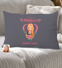 BK Gift Kişiye Özel Anneler Günü Karikatürlü Premium Kumaş Antrasit Dikdörtgen Kırlent Yastık, Anneler Günü Hediyesi, Ev Dekorasyonu-5