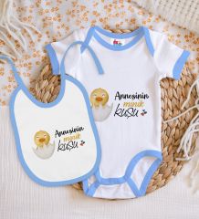 BK Kids Annesinin Minik Kuşu Tasarımlı Mavi Bebek Body Zıbın ve Mama Önlüğü Hediye Seti-1
