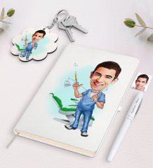 Kişiye Özel Erkek Diş Hekimi Karikatürlü Beyaz Defter Kalem ve Anahtarlık Hediye Seti-4
