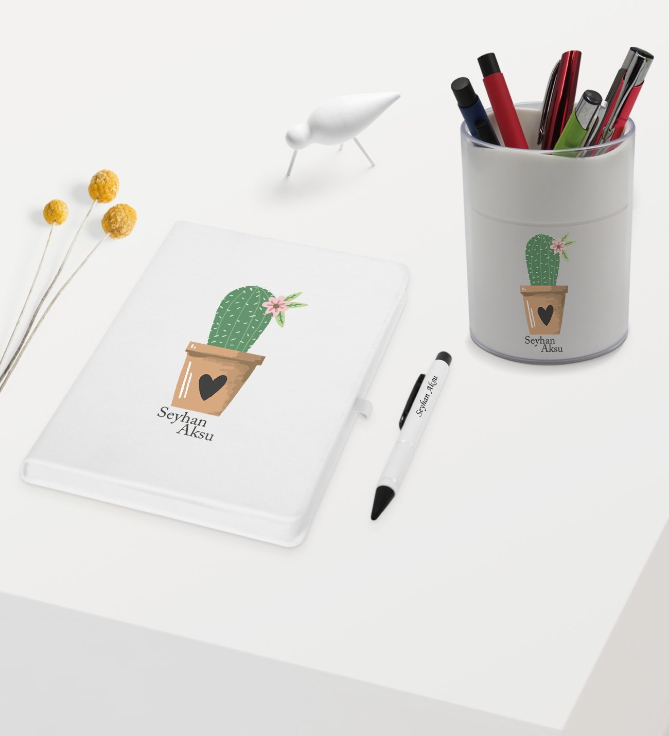 BK Gift Kişiye Özel Kaktüs Tasarımlı Beyaz Defter Kalem ve Kalemlik Hediye Seti - Model 6