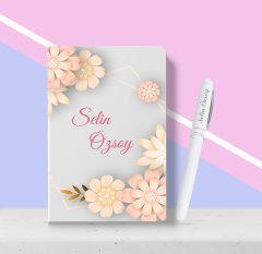 Kişiye Özel Çiçek Desenli Beyaz Defter Kalem Seti-9