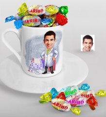 Kişiye Özel Bay Eczacı Karikatürlü Türk Kahvesi Fincanı ve Haribo Şeker Hediye Seti-3