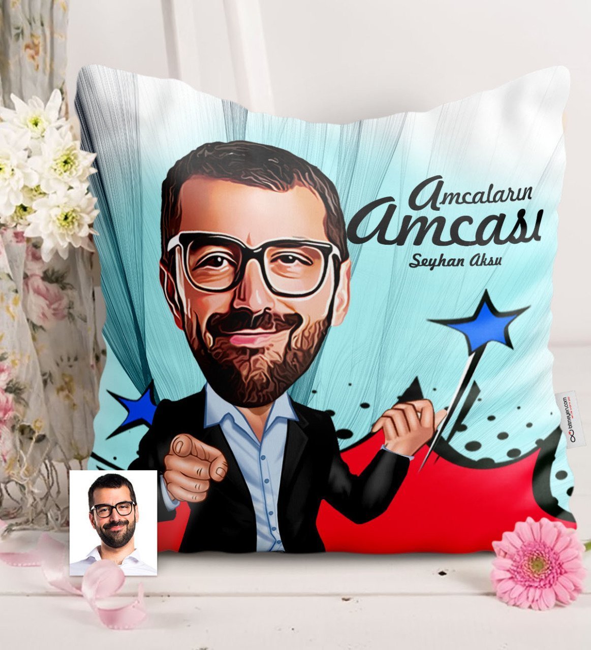 Kişiye Özel Amcaların Amcası Karikatürlü Saten Yastık - 1