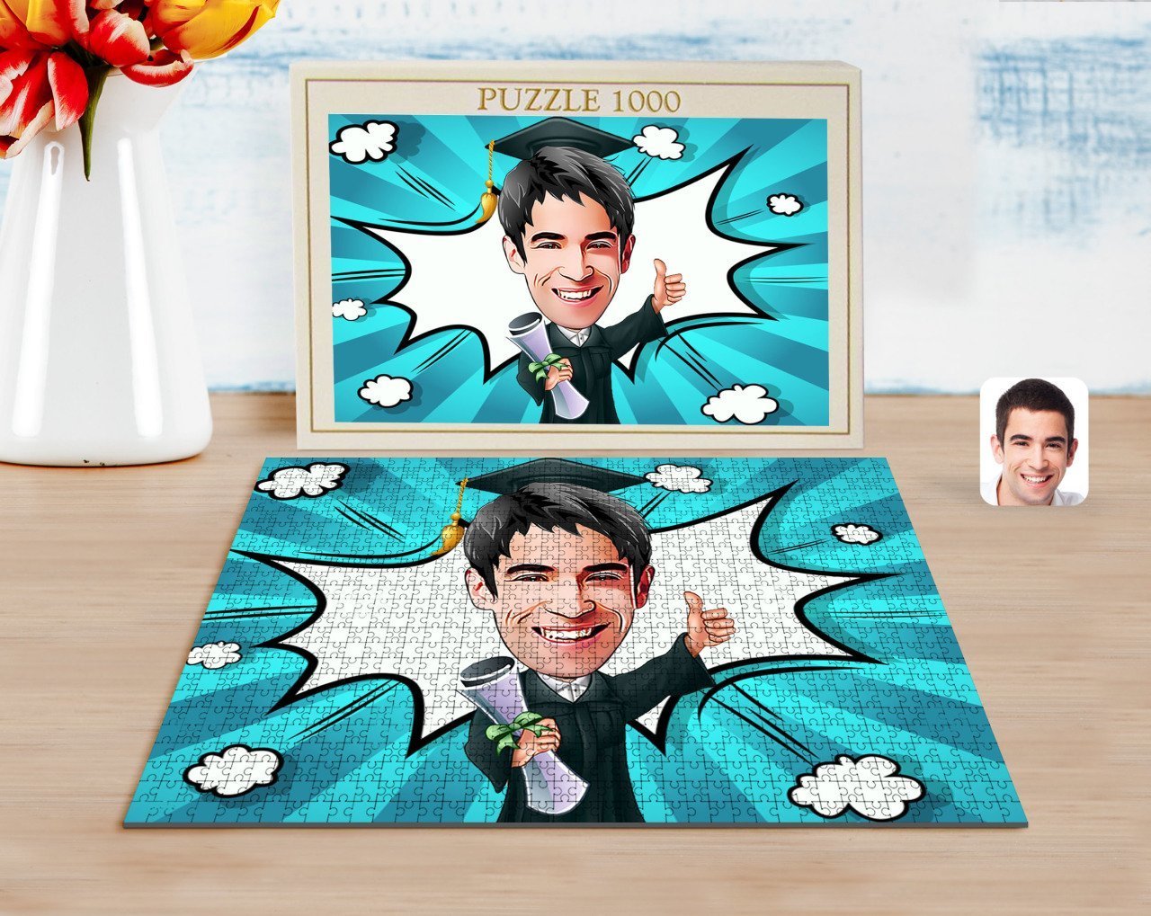 Kişiye Özel Erkek Mezun Karikatürlü 1000 Parça Profesyonel Puzzle-1