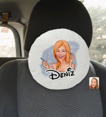 Kişiye Özel İsimli Kadın Karikatürlü Yuvarlak Araç Koltuk Yastığı-21