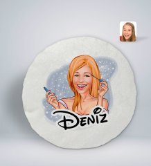 Kişiye Özel İsimli Kadın Karikatürlü Yuvarlak Araç Koltuk Yastığı-21
