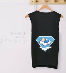 BK Gift Kişiye Özel İsimli Uyuyor Tasarımlı Siyah Sıfır Kol Hamile Tişört-5, Hamile Giyim, Eşe Hediye