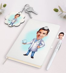 Kişiye Özel Erkek Diş Hekimi Karikatürlü Beyaz Defter Kalem ve Anahtarlık Hediye Seti-3