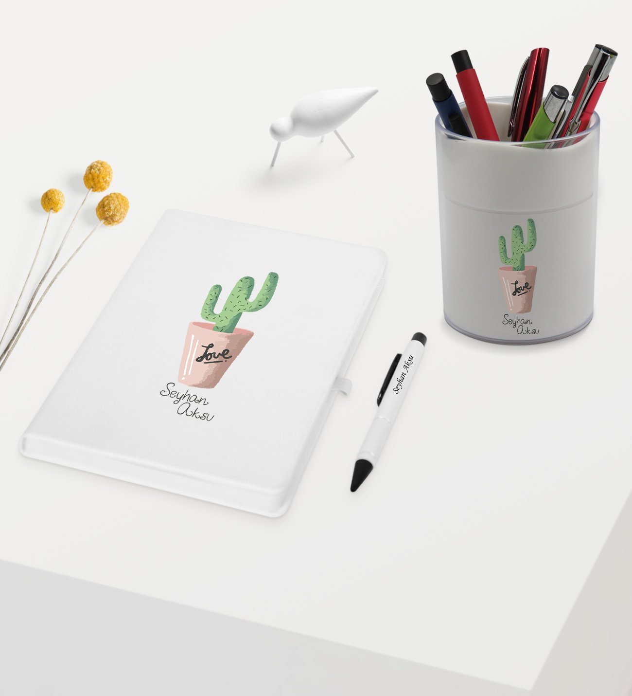BK Gift Kişiye Özel Kaktüs Tasarımlı Beyaz Defter Kalem ve Kalemlik Hediye Seti - Model 5