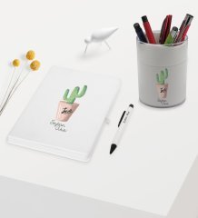 BK Gift Kişiye Özel Kaktüs Tasarımlı Beyaz Defter Kalem ve Kalemlik Hediye Seti - Model 5