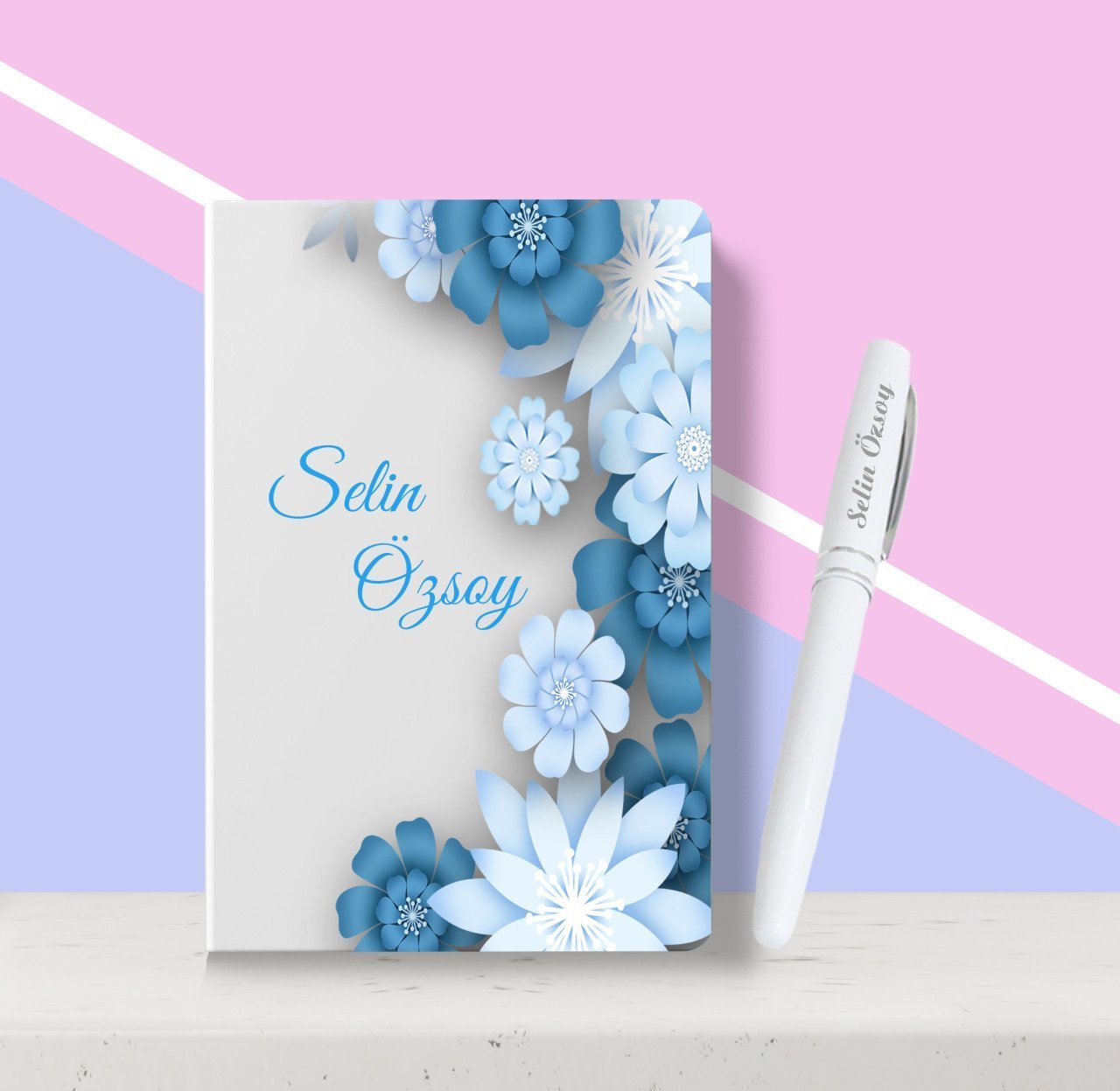 Kişiye Özel Çiçek Desenli Beyaz Defter Kalem Seti-8