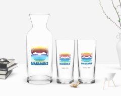 Kişiye Özel Renkli Baskılı Marmaris Tasarımlı Turistik İkili Rakı Bardağı ve Karaf Hediye Seti-1