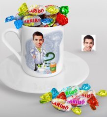 Kişiye Özel Bay Eczacı Karikatürlü Türk Kahvesi Fincanı ve Haribo Şeker Hediye Seti-2