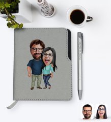 Kişiye Özel Sevgililer Karikatürlü Gri Termo Deri Defter Kalem Seti-109