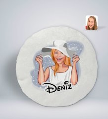 Kişiye Özel İsimli Kadın Karikatürlü Yuvarlak Araç Koltuk Yastığı-20