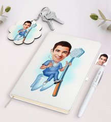 Kişiye Özel Erkek Diş Hekimi Karikatürlü Beyaz Defter Kalem ve Anahtarlık Hediye Seti-2