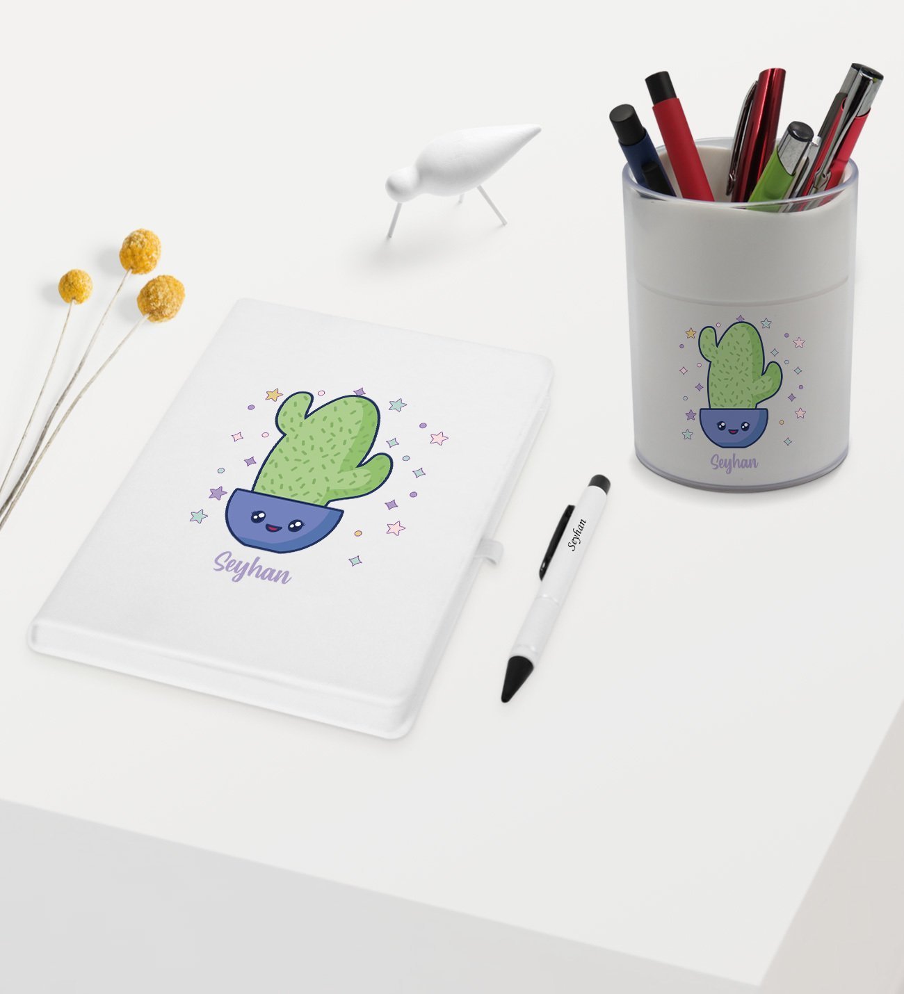 BK Gift Kişiye Özel Kaktüs Tasarımlı Beyaz Defter Kalem ve Kalemlik Hediye Seti - Model 4