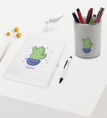 BK Gift Kişiye Özel Kaktüs Tasarımlı Beyaz Defter Kalem ve Kalemlik Hediye Seti - Model 4