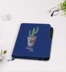 Kişiye Özel Kaktüs Tasarımlı Lacivert Termo Deri Defter-5