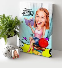 Kişiye Özel Bayan Öğrenci Karikatür Kanvas Tablo (30 x 50 cm.) 1
