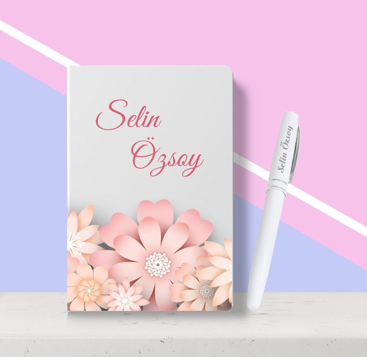 Kişiye Özel Çiçek Desenli Beyaz Defter Kalem Seti-7