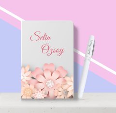 Kişiye Özel Çiçek Desenli Beyaz Defter Kalem Seti-7