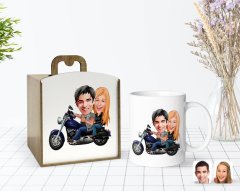 Kişiye Özel Ahşap Kutuda Motorcu Sevgililer Karikatürlü Beyaz Kupa Bardak-1