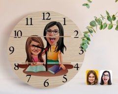 Kişiye Özel Anne Kız Karikatürlü Otantik Ahşap Palet Saat-1