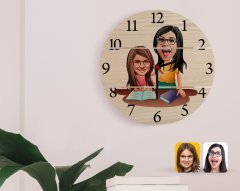 Kişiye Özel Anne Kız Karikatürlü Otantik Ahşap Palet Saat-1
