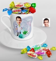 Kişiye Özel Bay Eczacı Karikatürlü Türk Kahvesi Fincanı ve Haribo Şeker Hediye Seti-1