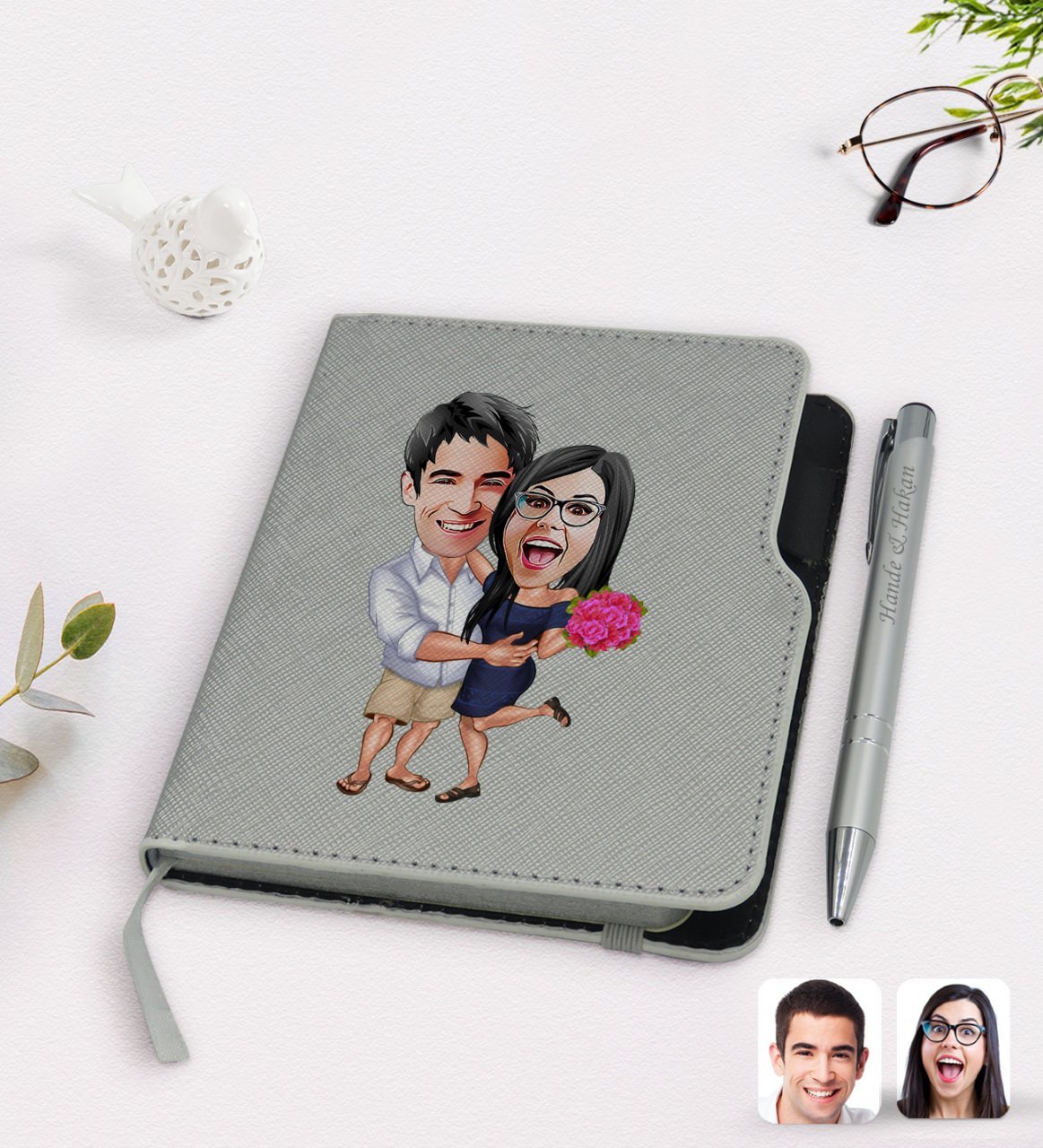 Kişiye Özel Sevgililer Karikatürlü Gri Termo Deri Defter Kalem Seti-108
