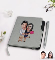 Kişiye Özel Sevgililer Karikatürlü Gri Termo Deri Defter Kalem Seti-108