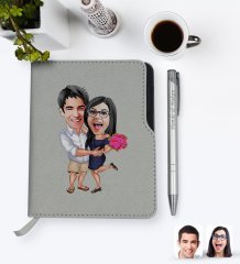 Kişiye Özel Sevgililer Karikatürlü Gri Termo Deri Defter Kalem Seti-108